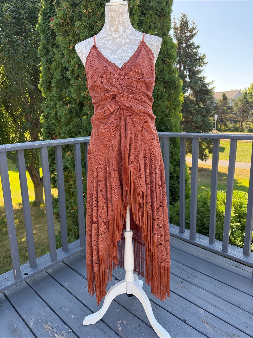 Anthropologie Rust Orange Brown Crochet Fringe Midi Dress sz 10
